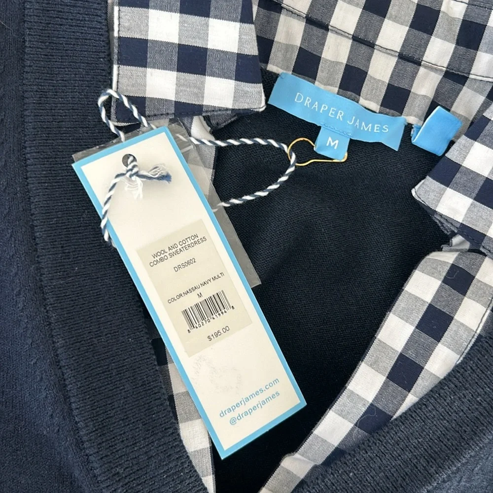DRAPER JAMES Wool and Cotton Combo Sweaterdress in Navy Blue White Checkered - Picture 9 of 10